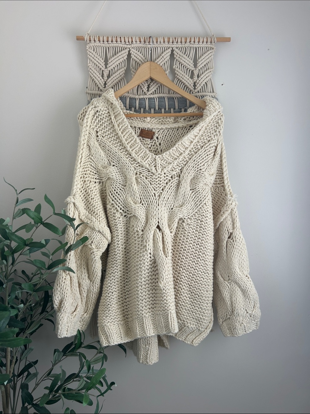 POL Cream Cable Knit V-Neck Hoodie Sweater